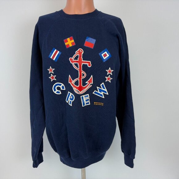 Vintage 90s Morning Sun Crewneck Sweatshirt Mens Size XL Blue Anchor Flags USA - Picture 2 of 5